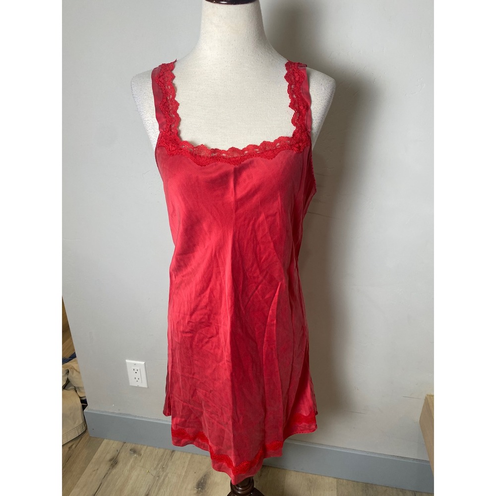Vintage Olga Red Silk Lace Trim Nightgown Chemise 90s Large